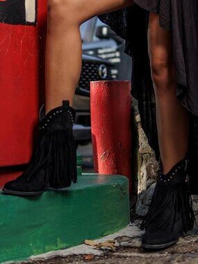 Women's Fringe Cowboy Cowgirl Boots Snip Toe Pull On Dress Ankle Booties Black